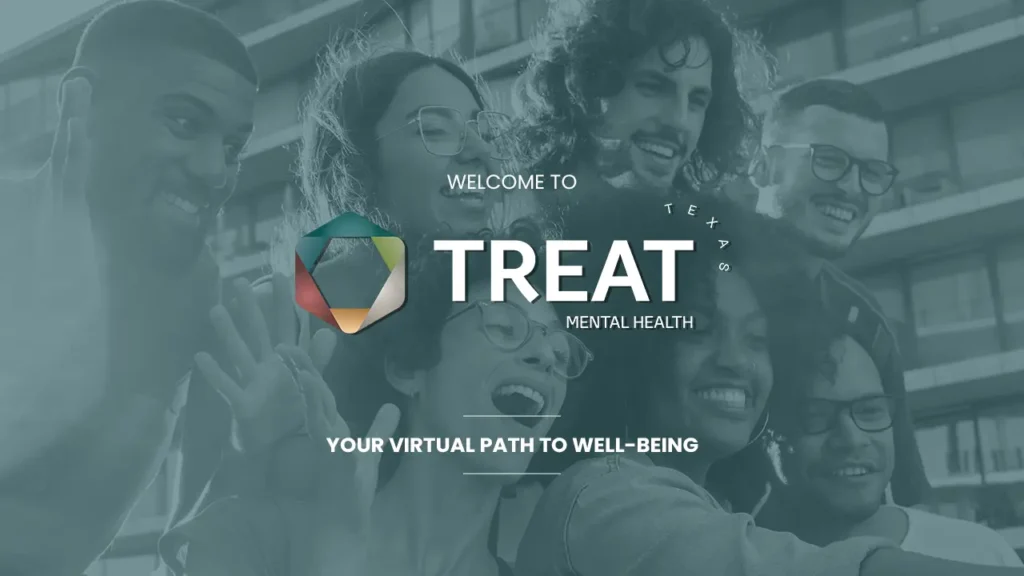 Treat Mental Health Texas: Diverse group smiling, promoting virtual mental well-being and support services.