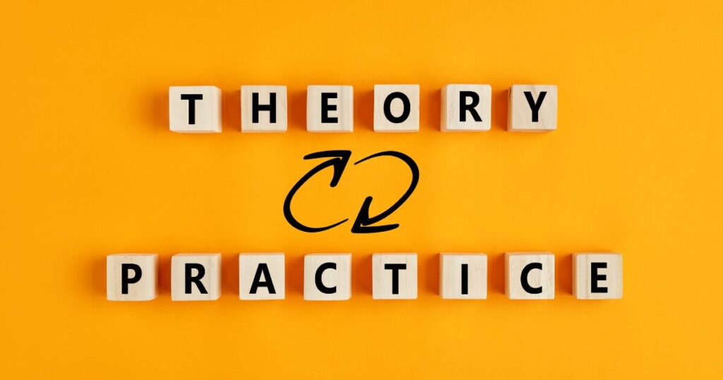 Blocks spell THEORY above PRACTICE on a bright orange background, with a curved arrow linking them to show a theory–practice loop.