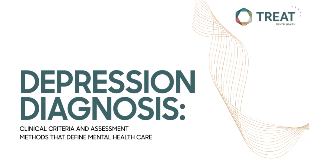 Title slide:'Depression Diagnosis' with subtitle about clinical criteria and assessment; gold wave design on the right and TREAT logo.